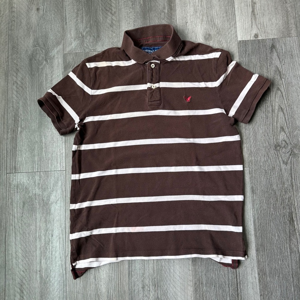 Vintage Y2K American Eagle Mocha Brown White Striped Polo Shirt Men's L